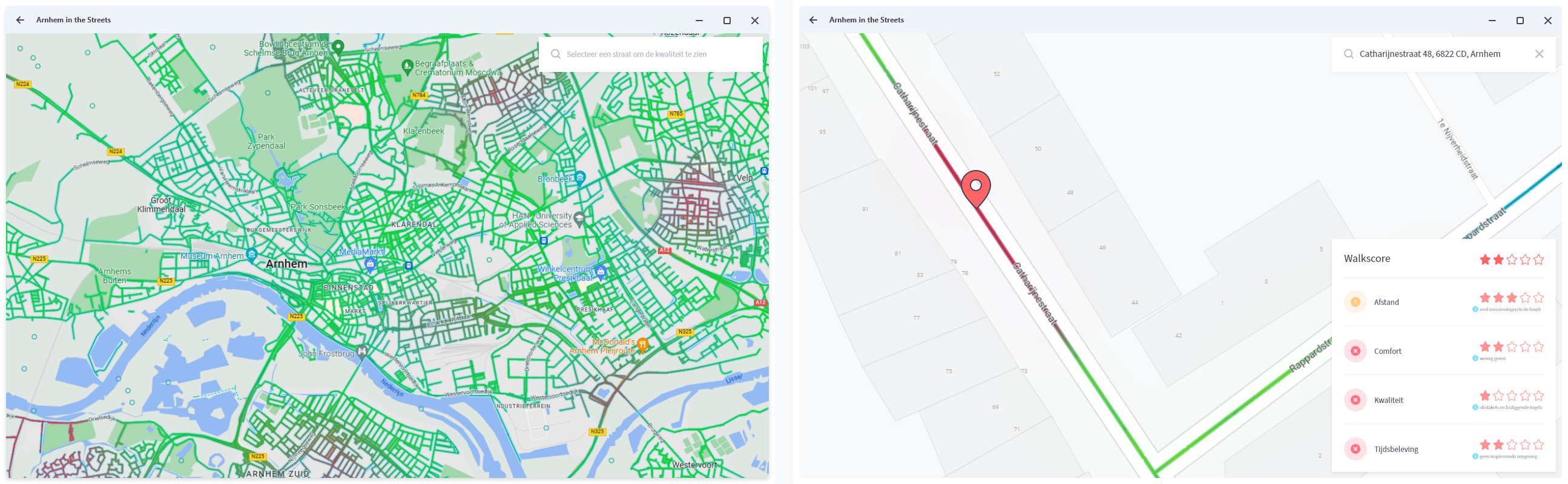 Concept 2: Arnhem in the Streets: Een kaart van Arnhem toont Walkscores per straat gebaseerd op de pijlers die uit onderzoek naar voren kwamen (kwaliteit, comfort, afstand en beleving). De gemeente kan op deze manier inzien waar en hoe problemen ontstaan voor het lopen