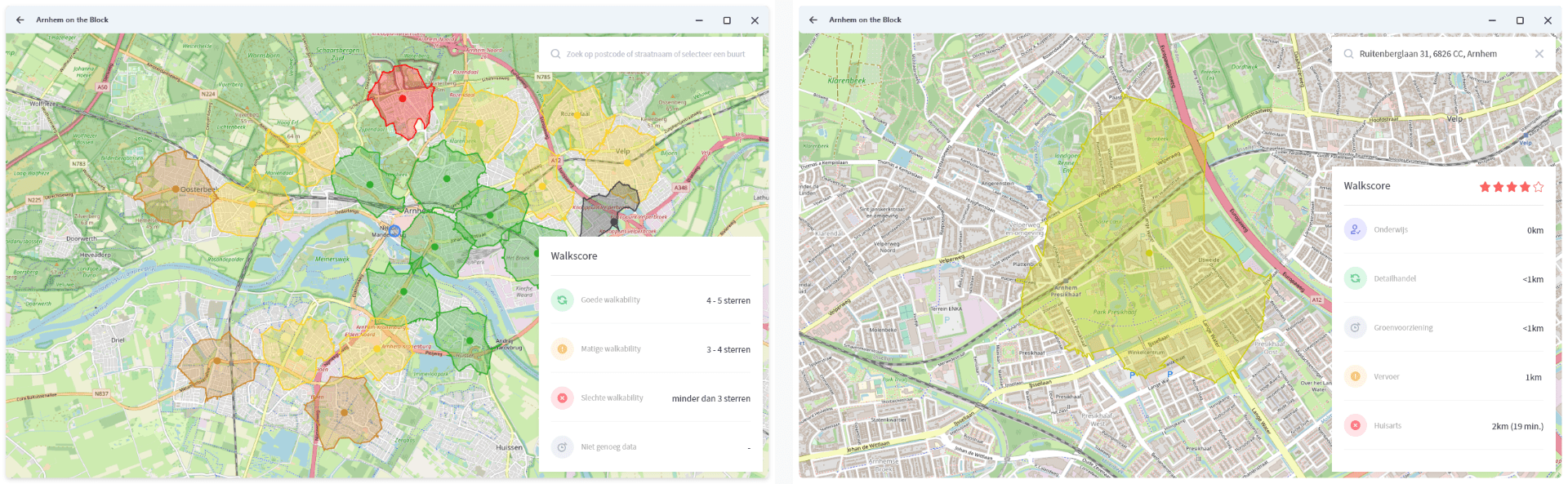 Concept 1: Arnhem on the Block 2: Judgment Day. Door scores (Walkscore) te hangen aan afstanden tot belangrijke, dagelijkse voorzieningen zoals scholen, winkels en horeca, kan een kaart inzicht bieden in welke gebieden ondervertegenwoordigd zijn. Dit biedt de gemeente informatie deze voorzieningen aan te trekken
