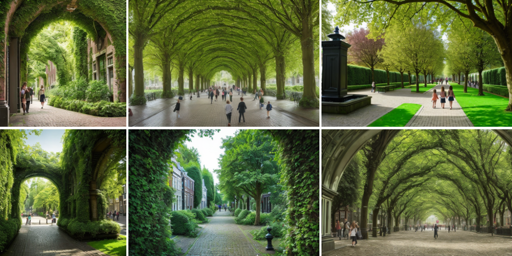 Concept 3: Green Arnhem: wat als een radicaal idee zorgt dat groen de vrijheid krijgt in de stad en iedereen dicht bij groen woont? Een out of the box-idee kietelt het voorstellingsvermogen, tot het dromen van wonen aan een groene oase, waar het leven een weg vindt en (meer) lopen een natuurlijk gevolg wordt. Generative AI hielp me dit in bovenstaande afbeeldingen tonen