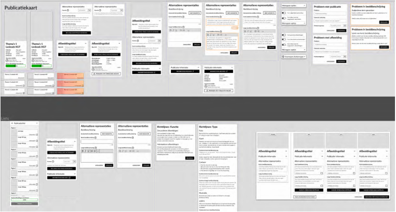 High Fidelity-componenten: basiselementen in Dedicons huisstijl, toegepast in componenten in het Mid Fidelity-prototype. Typografie, afstanden en kleuren, rekening houdend met behoud van voldoende contrast. Oranje kleur bij problemen en Dedicon-highlight voor actieve afbeeldingen zoals op de website