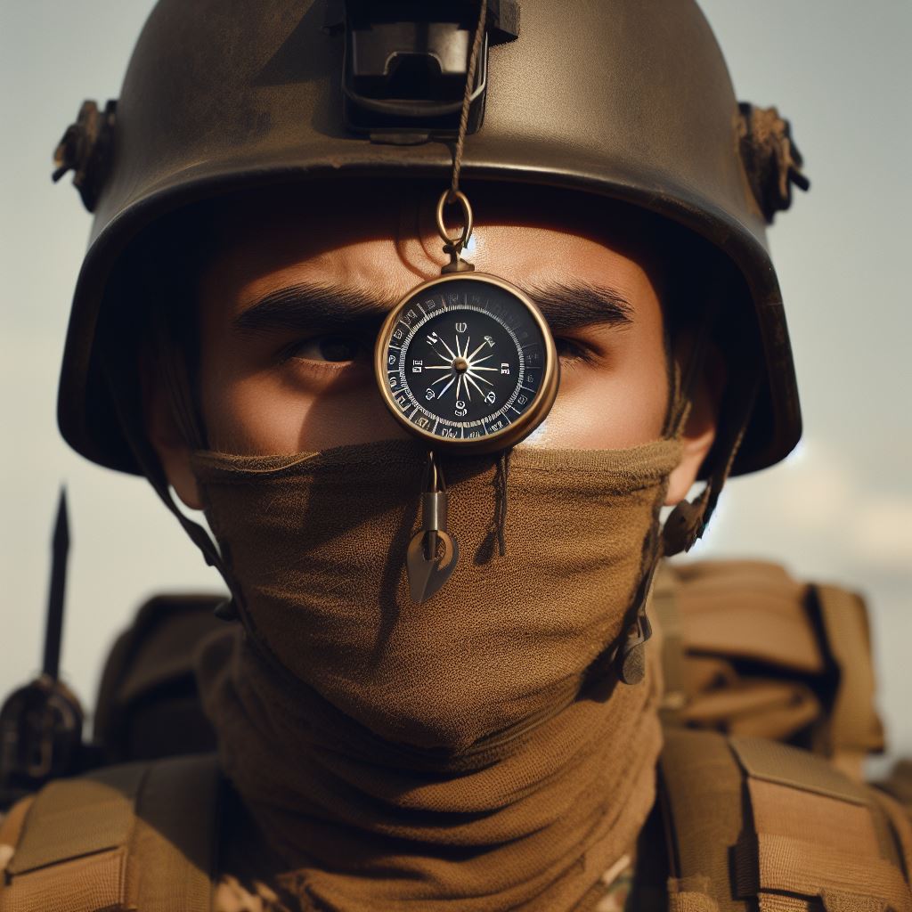 Gegenereerde afbeelding van soldaat met helm waar een kompas aan hangt dat voor zijn ogen bungelt. Zou dit echt de beste oplossing zijn om constant een kompas te zien in het echt? - 