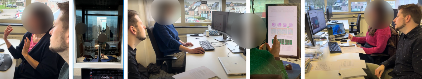 Ik heb Tekst & Beeld-medewerkers geobserveerd aan hun bureau. Voor Contextual Inquiry bij Audioproductie moest ik qua aanpak wat afwijken: ik zat tegenover de opnamestudio, kon daarmee hun voorleeswerk horen en hun monitor mee inzien. Via microfoons kon ik inbreken in hun studio en vragen stellen.