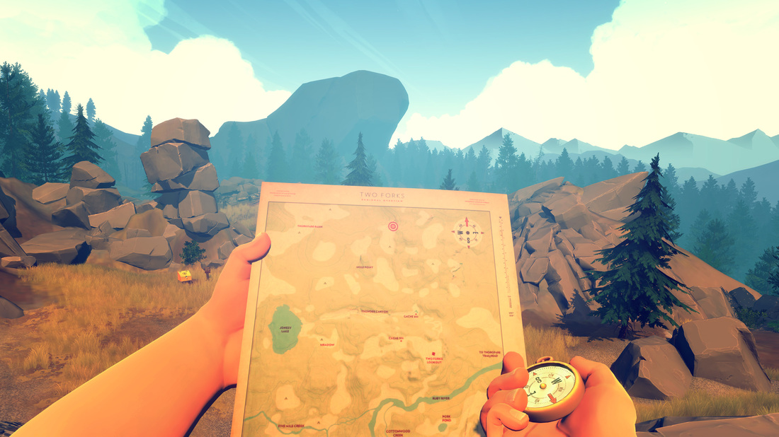 Firewatch: de hoofdrolspeler pakt de kaart en een kompas en houdt deze op geloofwaardige wijze in de spelwereld in beeld