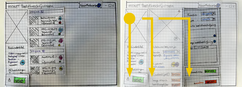 Een aantal schermen uit het Paper prototype. In het tweede schermen tonen pijlen de begeleiding van de gebruiker door de interface