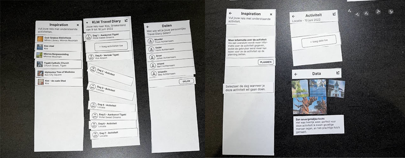 Schermen van het paper prototype voor het concept KLM Travel Diary