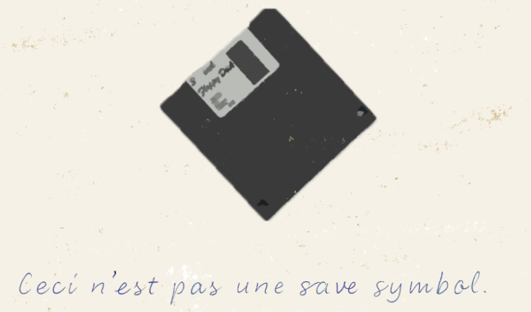 Dit is geen save-symbool, of toch wel? - een afbeelding van een 3.5 inch diskette, met onderschrift 'dit is geen save symbol'